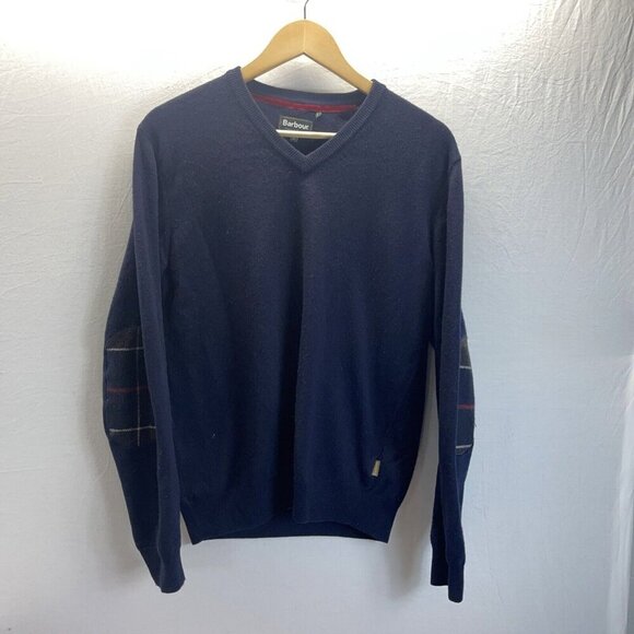 Barbour Men's Navy Blue v neck Cashmere wool Elbow Patch Tartan‎ size Med - Picture 1 of 8